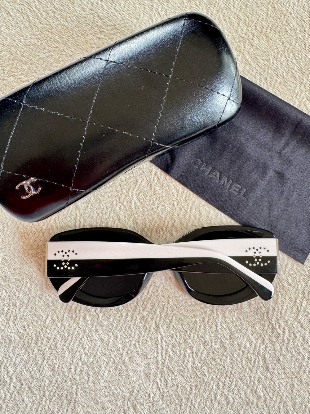 CHANEL Black and White Oval Cat Eye Sunglasses with Rhinestone Accent Authentic